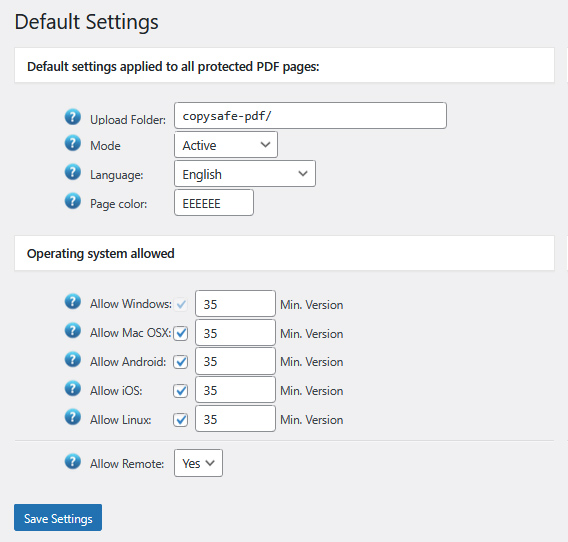 Protection settings that apply to all web pages