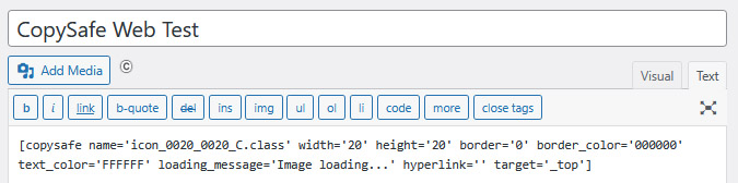 WordPress editor with CopySafe Web shortcode