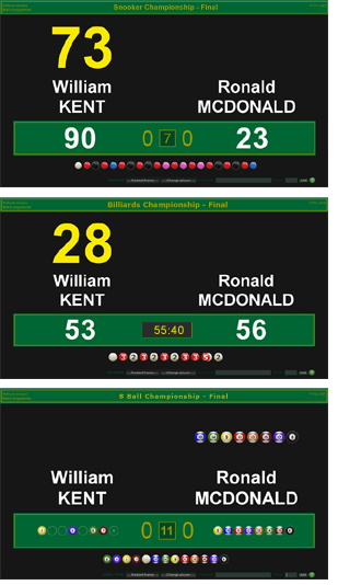 Live scoreboards for snooker, billiards and pool with full statistics.